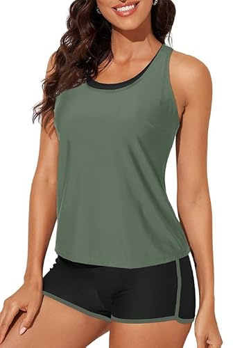 Bsubseach Damen 3 Stück Tankini Badeanzüge Sportliche Tank Top mit Sport-BH | Bsubseach 3 Stück Tankini Badeanzug für Frauen Sportliche Badeanzüge Modest Tank Top mit Sport-BH