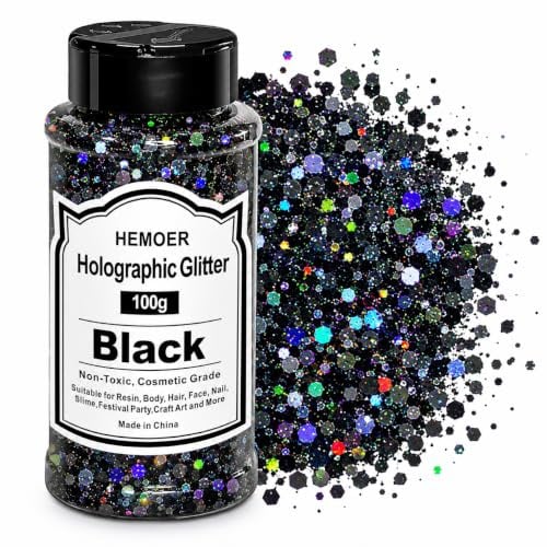 HEMOER Holographic Chunky Glitter, Schwarz 100g Chunky Pailletten Glitter, Craft Glitzer für Harz, Gesicht, Nagel, Körper, Kunsthandwerk, Slime Festival Party Art, Glitzerpuder für Nägel Glitzer