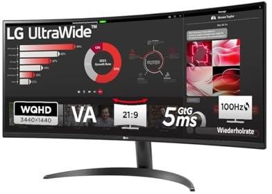 LG, 34 Zoll, UltraWide, 1800R Curved QHD Monitor, 3440 x 1440, 34WR50QK-B.AEU, 21:9, 5ms GtG, 100 Hz, HDR10, 99% sRGB, PBP-Modus, OnScreen Control, AMD FreeSync - Schwarz