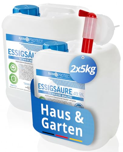 Nanoprotect 10 kg Essigsäure 49,9% inkl. Hahn - Essigreiniger & Entkalker | Hochkonzentrierte Profi Qualität zur Reinigung in Haus und Garten, klimaneutral aus regionalem Holz | Kein Gefahrgutversand