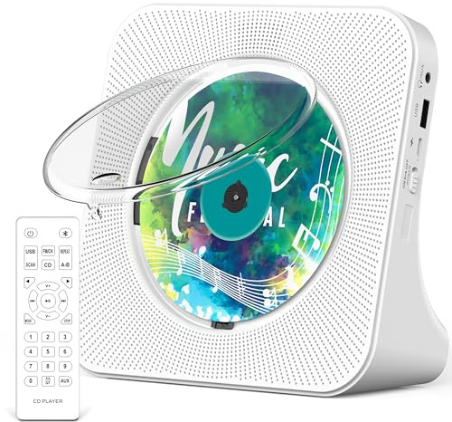 Greadio CD-Player Tragbar mit Bluetooth 5.0,CD-Musik-mit Fernbedienung,HiFi-Sound-Lautsprecher,Staubschutz,LED-Bildschirm,FM-Radio,unterstützt AUX/USB,Kopfhörerbuchse für Geschenk,Zuhause (Weiß)