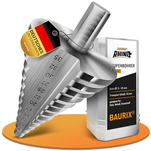 BAURIX® Stufenbohrer Ø5–35mm aus HSS Stahl für Metall, Kunststoff und Holz – Kreisrunde Löcher in einem Arbeitsgang – 10mm Tri-Schaft – passend für alle Bohrmaschinen & Akkuschrauber