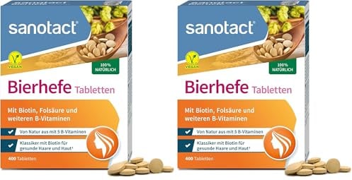 sanotact Bierhefe Tabletten • 400 Tabletten • 100% natürliche Bierhefe vegan • Mit Biotin für schöne Haare und gesunde Haut • Inklusive 6 B-Vitaminen (Packung mit 2)