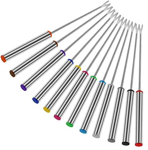 Prasacco 12 Stück Fonduegabeln, Grillgabeln aus Edelstahl 24 cm Fondue-Sticks mit Hitzebeständigem Griff für Obst, Gemüse, Marshmallows, Käse, Schokolade, Fondue, Braten, Fleisch (Silber)