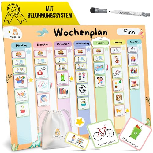 SpielLieb® Montessori Wochenplaner Kinder magnetisch – Magnettafel 216 Magnete, beschreib- & abwischbar – Routine Planer Kinder ideal für mehr Selbstständigkeit – Wochenplaner Kinder