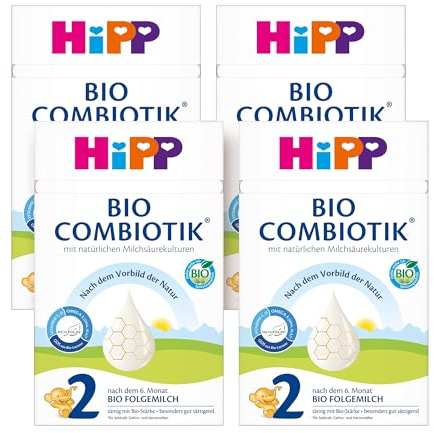 HiPP 2 Bio Combiotik (4 x 600g), Folgemilch nach dem 6. Monat, mit Stärke, natürlichen Milchsäurekulturen, GOS, Omega-3 (DHA, ALA), in bester Bio-Qualität