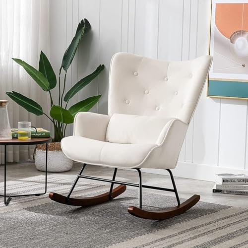 HomeMiYN Skandinavischer Schaukelstuhl Samt mit Metallgestell und Holzsockel Retro Sessel Polstersessel für Wohnzimmer Relaxstuhl für Wohnzimmer Schlafzimmer Kinderzimmer Freizeit (Beige)