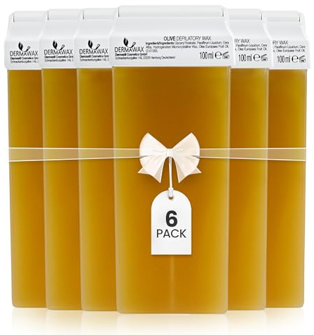 DERMAWAX Roll-On Wachspatronen 6x100 ml Olivenwachs – Made in Italy Warmwachs Nachfüllset – Kompatibel mit allen 100 ml Roll-On Wachserwärmern – Für Beine, Arme, Rücken & Brust – Für Männer & Frauen