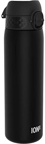 ion8 Trinkflasche, 500 ml, Auslaufsicher, Einhandöffnung, Sichere Verriegelung, Spülmaschinenfest, BPA-frei, Tragegriff, Klappdeckel, Leicht zu Reinigen, Klimaneutral, Schwarz