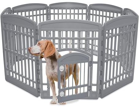 Iris Ohyama Welpenauslauf mit 8 Paneelen und abschließbarer Tür, H90cm, Grau, Katzengehege, Hundebox, Für Outdoor, Indoor, Welpenlaufstall, Hundezaun, Welpenzaun, Laufstall Hund, CI-908