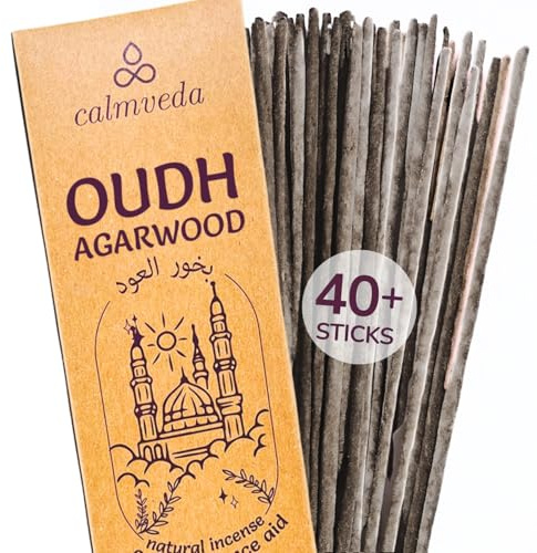 Adlerholz Oud Räucherstäbchen Set Naturrein - (40+ Incense Sticks) Dickes Räucherwerk ohne Kohle aus Assam Oud-Holz | Luxuriöses Oudh Räuchern & Orientalisch Arabischer Raumduft für Yoga (45+ Min)