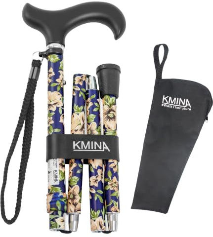 KMINA Aluminium-Gehstöcke für Damen und Herren, höhenverstellbar | Schwarz, Blumenmuster Rot/Blau und Holzoptik, Softgriff, Handschlaufe, rutschfeste Stockkapsel, bis 100 kg, Modell Pro