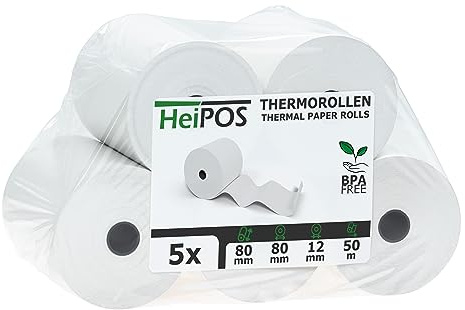 HeiGroup HeiPOS 5x Thermorollen 80mm x 80m x 12mm (Ø 80mm) - Kassenrollen für Epson TM-T88, Star, Citizen, Metapace & Bondrucker - BPA-frei - 80x80x12