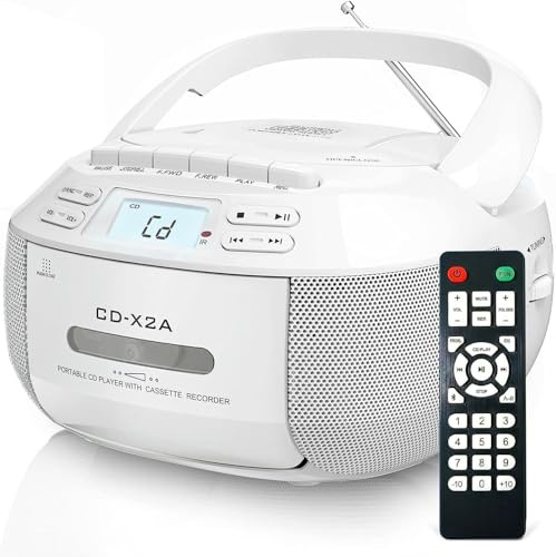 Greadio Tragbarer CD Player, Boombox Kassettenspieler mit Bluetooth, FM Radio mit Fernbedienung, AUX-/USB-Wiedergabe, Kassettenrekorder, AC-Kabel/Batteriebetrieb, LCD-Bildschirm für Kinder (White)