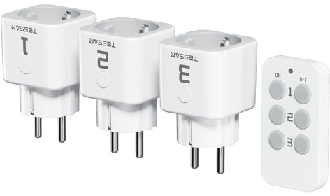 TESSAN Funksteckdosen Set, 3 Steckdosen mit 1 Handsender | Reichweite 30,5M Betriebsbereich für Weihnachtsdekoration, Haushaltsgeräte und Lampen, 2300 W, Weiß