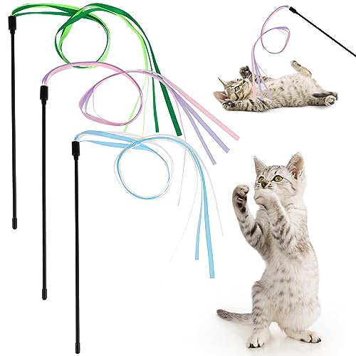 Amaxiu Katzenband Zauberstab Spielzeug, 3 Stück, interaktives Katzen Regenbogenstab Schnurspielzeug für Katzen im Innenbereich bunter Bandbeschwörer für Kätzchen Teaser Training Übungsgerät
