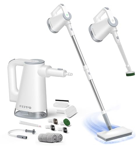 FEPPO Dampfreiniger 10-in-1 mit abnehmbarem Handdampfreinigerad | 15 s Aufheizzeit, 230°F Heißdampf, als Dampfmop mit Zubehör & 2 Pads, für Böden, Parkett, Fliesen, Fugen, Teppich, Küche