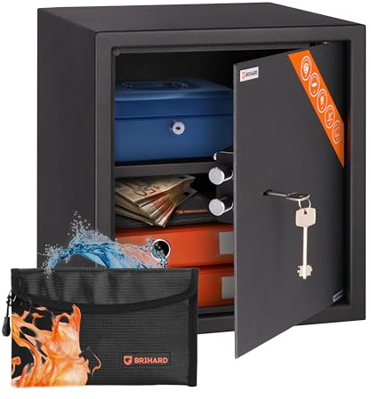 Brihard Business Tresor mit Schlüssel 40x36x36cm & Feuerfeste Dokumententasche, 48L Stahl Safe für Zuhause oder Büro mit Herausnehmbarer Ablage, Abschließbare Box für Laptop, Geld, Dokumente & Mehr