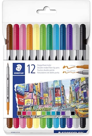STAEDTLER 3200 Doppelfasermaler – 12er Set, 0,5–3,0 mm | Zwei Spitzen zum Zeichnen & Schreiben – für Kinder & Erwachsene – Art.-Nr. 3200 C12