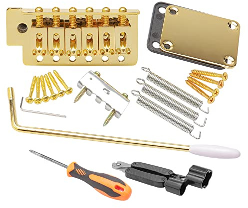 Unxuey Tremolo-Brückenstangen-Set für E-Gitarre, goldfarben | 6 Saiten Brücke Tremolo System Set Halsplatte Verstärkung Board Fender Strat Gitarre Ersatz