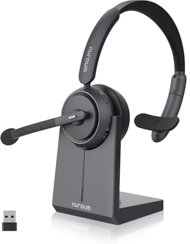 Nuroum HP31S(3rd Gen) Bluetooth Headset mit Mikrofon(Mono),AI Rauschunterdrückung für Anrufe/V5.4/45H Laufzeit,Kabelloses Headset mit USB Dongle/Ladestation/Mute für Callcenter/Travail/Büro/HomeOffice