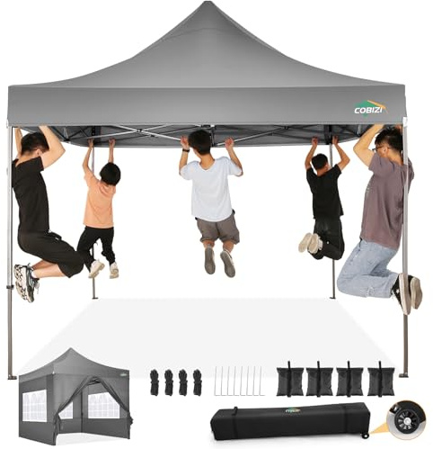 COBIZI pavillon 3x3 wasserdicht stabil Winterfest, faltpavillon Outdoor faltbar partyzelt，pop up pavillon klappbar gartenpavillon mit 4 Seitenteilen und Laufradtasche, Grau（420D Oxford-Plane）