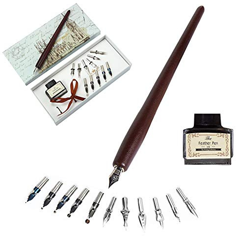 Kalligraphie Stift Set Holz-Füllfederhalter Schreibmappe mit 11 Federn und schwarzer Tinte