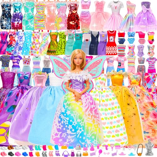 Miunana 110+ Kleidung für Puppen Puppenkleidung Fashion Kleider Tops Bluse Hosen Abendkleider Badenanzüge Minikleider Schuhe Kleiderbügel Handtasche Flügel Zubehör für 11,5 Zoll Mädchen Puppen