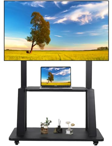 TV Ständer Rollen Mobiler TV-Wagen für 32-75 Zoll Flache/gekrümmte LED/LCD/OLED höhenverstellbarer tragbarer tv-standfüße auf Rädern bis zu 45kg Boden TV-Ständer mit Laptop DVD Regal Schwarz