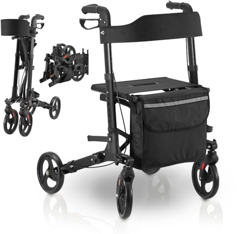 Juskys Rollator Vital schwarz - Gehhilfe faltbar & leicht aus Aluminium bis 130kg - Laufhilfe höhenverstellbar mit Sitz, Tasche & Regenschirmhalterung