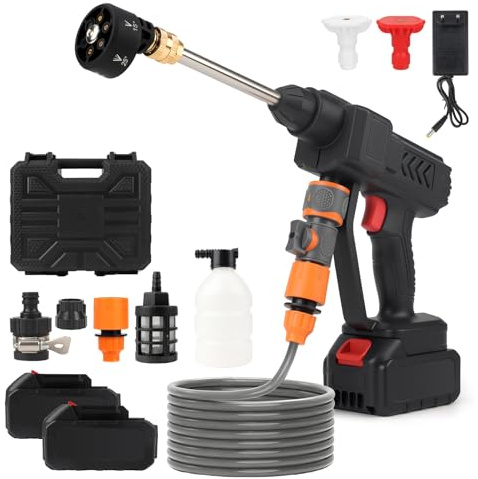 Ulable Tragbarer Hochdruckreiniger, 140W Leistung mit 6-in-1 Düse, 5m Hochdruckschlauch, Universal-Wasserhahnadapter & Flaschenadapter für Auto, Fahrrad, Terrasse (Schwarz-Rot)