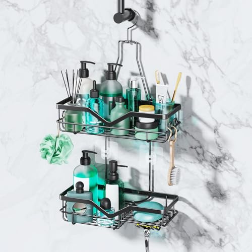 SWTYMIKI Duschregal zum Hängen Duschablage Hängend - 2Tier Edelstahl Duschablage zum Hängen, keine Bohrinstallation, Dusch Organizer Hängend mit Rasierer & Seifenhalter für Badebälle, Bürsten, Shampoo
