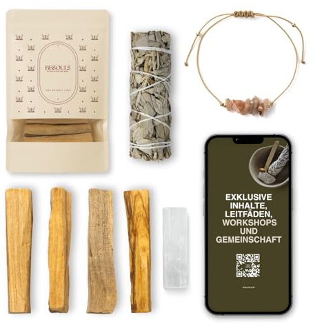 BESOULS Premium Räucherset Hausreinigung: 1 Weißer Salbei zum Räuchern 4-6 Palo Santo Räucherholz aus Peru 1 Selenit Geschenkarmband spirituelle Geschenke weißer Salbei räuchern White sage