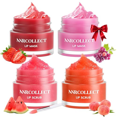 ANRCOLLECT Lippenmaske + Lip scrub Set | 4P Lippenpflege Set Mit 2 Lip Scrub + 2 Lip Mask, Lip Sleeping Mask für Lippenpeeling