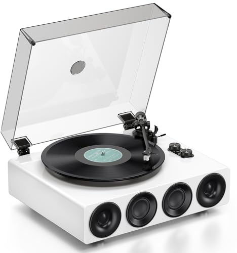 1 by ONE Plattenspieler mit integrierten Lautsprechern, Phono Vorverstärker, Riemenantrieb, 33/45 RPM, MM-Tonabnehmer, Bluetooth Eingang