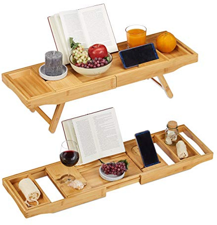 Relaxdays Bambus Badewannenablage & Tablett 2in1, Buchstütze, Natur | Weinhalter, Wannenablage, 74,5 -114 cm ausziehbar