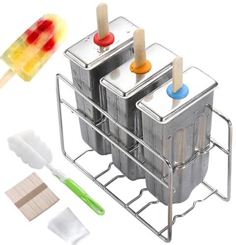 3stk Eisform Edelstahl Popsicle Formen Eis am Stiel Form Mulden Stieleisform Eis Edelstahlform spülmaschinenfest für Küche Erwachsene Schule Eis DIY Sommer, mit 50 Holzstiel+1 Bürste+3 Eisbeutel1