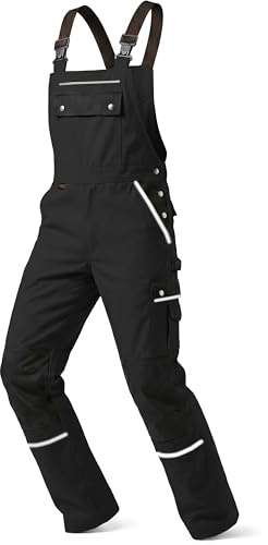 TMG® | Lange Arbeitslatzhose Herren, Schwarze Latzhose mit Kniepolstertaschen aus Cordura, viel Stauraum, robust | 52