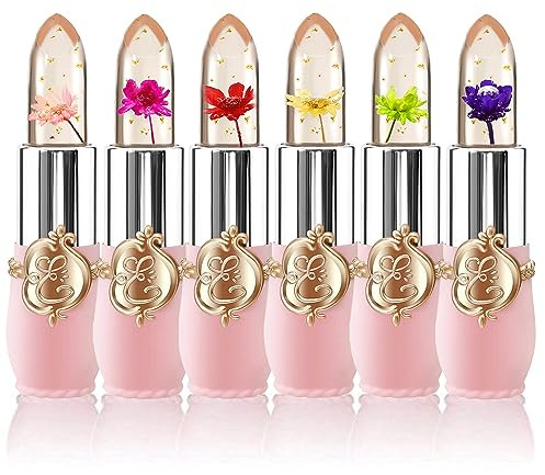 6 Packs Flower Jelly Lippenstift Set Magic Temperature Farbwechsel Lippenbalsam Langanhaltende Feuchtigkeitscreme Aloe Vera Flower Jelly Lippenstift Makeup Set (6 PCS SetA)
