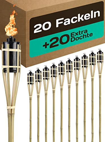 STAR - LINE 20 Garten Fackeln für Draußen aus Bambus Holz 90cm - Lange Brenndauer - Nachfüllbar - Ink. 20 Extra Dochten - Fackeln für Garten - Ölfackeln - Bambusfackeln für Gartenparty - Gartenfackeln