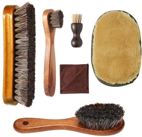 Schuhbürsten-Set, Rosshaarbürste für Schuhputzpolitur, 4 x Schuhputz-Applikatorbürsten + 1 x Schuhpoliertuch-Handschuh, 1 x Mikrofaser-Reinigungstuch, 6-teiliges Set