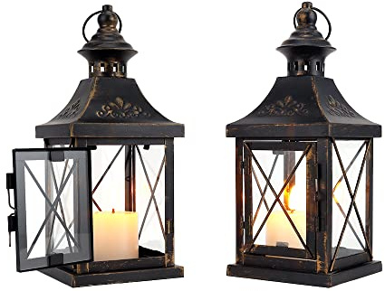 TRIROCKS 2 Stück Hängende Kerzenlaterne 28 cm Hoch Metall Klein Laterne Dekorative Kerzenhalter Mit Glas Für Wohnung Garten Wohnzimmer Party Tisch Drinnen Draußen (Schwarz Gold)