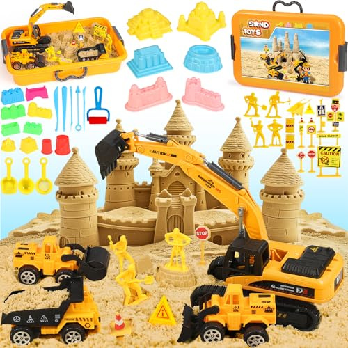 Subtail Magic Sand für Kinder - 6 Baufahrzeuge | 16 Burgformen | 18 Verkehrsschilder - Kinetischer Sand Spielsand Faltbarer Sandkasten - Geschenke für Jungen und MäDchen ab 3 4 5 Jahren