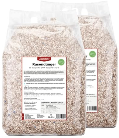RUEMAR 25 kg (2x 12,5 kg Sack) Rasendünger, nährstoffreicher Dünger für Rasen und Garten, wasserlösliches Granulat zum Streuen, für alle Rasensorten, Sofort- und Langzeitwirkung 3 Monate