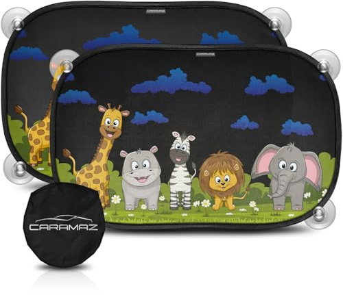 CARAMAZ Sonnenschutz Auto Baby mit zertifiziertem UV Schutz, universell passend 48 x 30 cm, 2 Stück Sonnenblende, mit Saugnäpfen, Motiv: Blau-Tiere