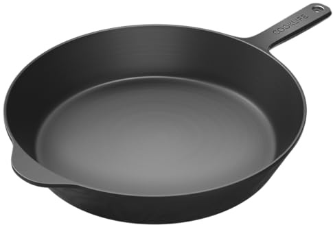 COOKLIFE 30,5 cm große, leichte, vorgebrannte Gusseisen-Pfannen mit Griffabdeckung – glatte polierte Oberfläche, leicht zu reinigende Gusseisen-Pfanne, Verwendung im Ofen, auf dem Herd oder Grill