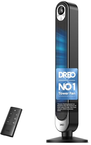 DREO DC Motor Turmventilator Leiser, 11M Windentfernung Ventilator mit Kühlung Fernbedienung, 9 Stufen 4 Modi, 90° Oszillierender Stand Ventilatoren für Schlafzimmer, Tower Fan mit 12H Timer