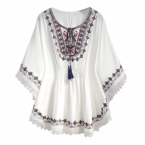 Damen Stickerei Bluse Bohemian Herbst Tunika Bestickte Folklore Blusen Hippie Blumenmuster Oberteil 3/4 Arm Lose Tops M-4XL