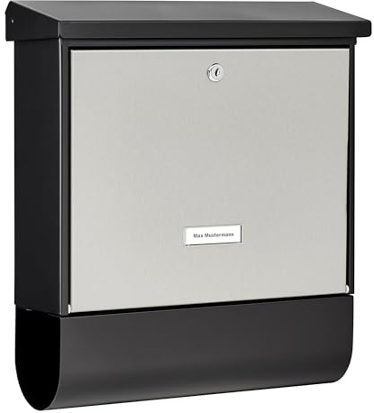 Burg-Wächter Briefkasten mit Zeitungsfach und Namensschild, Verzinkter Stahl & Edelstahl, Einwurf-Format DIN C4, Inkl. 2 Schlüssel, London-Set 68670 B+S, Edelstahl/Schwarz (ähnlich RAL 9005)