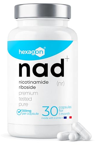 NAD+ Nicotinamide Riboside Chloride 300mg - +1 Monat Kur - NAD Booster - Anti-Aging & Gegen Müdigkeit - Made in France - 30 Vegetarische Kapseln - Vegan - Hexagon
